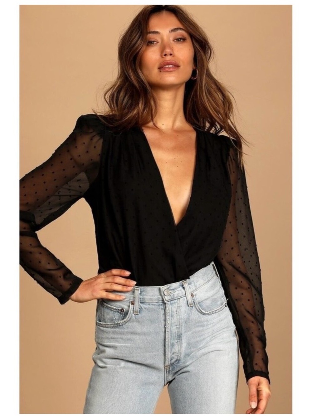 Lulu's Black Sheer Dot V-Neck Bodysuit